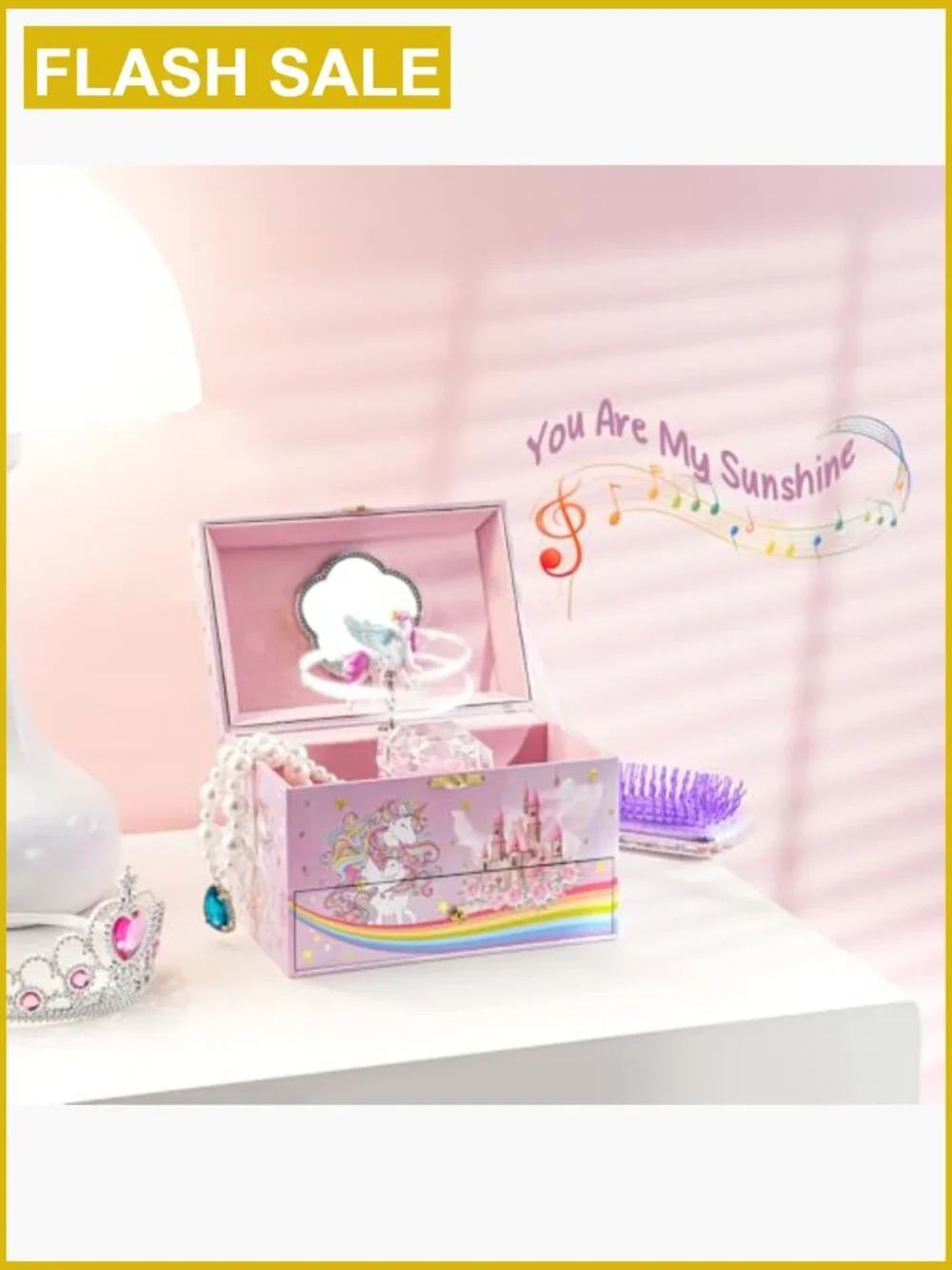 Kids Jewelry Box with Melody & Unicorn Decor, Storage Organizer for Little Girls